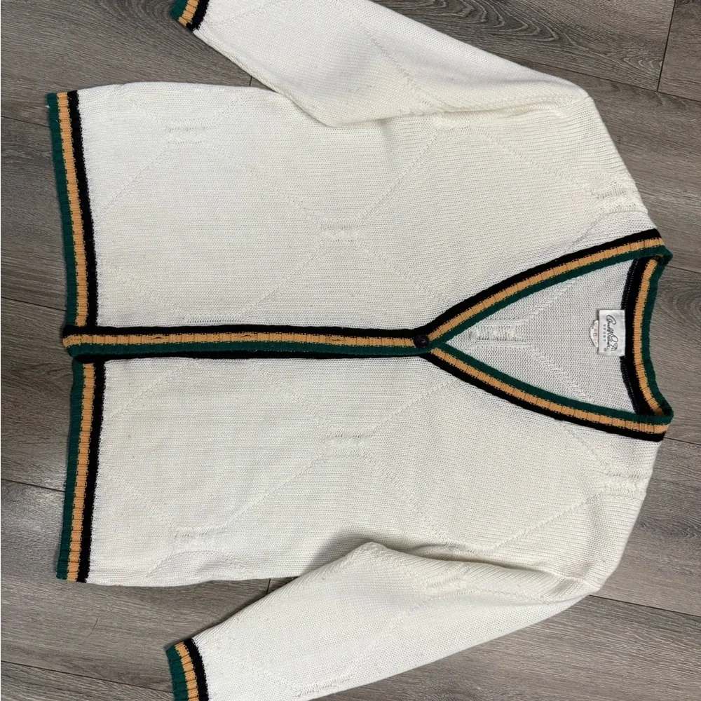 Vtg Arnold Palmer White Cardigan Sweater with Striped Trim - Picture 3 of 8